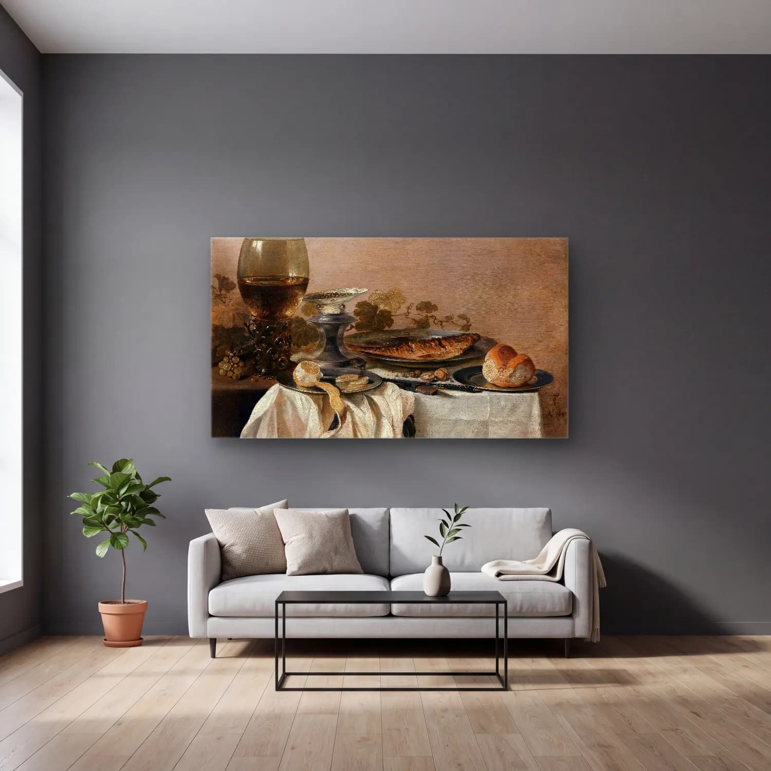 Pieter Claesz – Still Life with a Fish cam tablo — gri duvarlı salonda