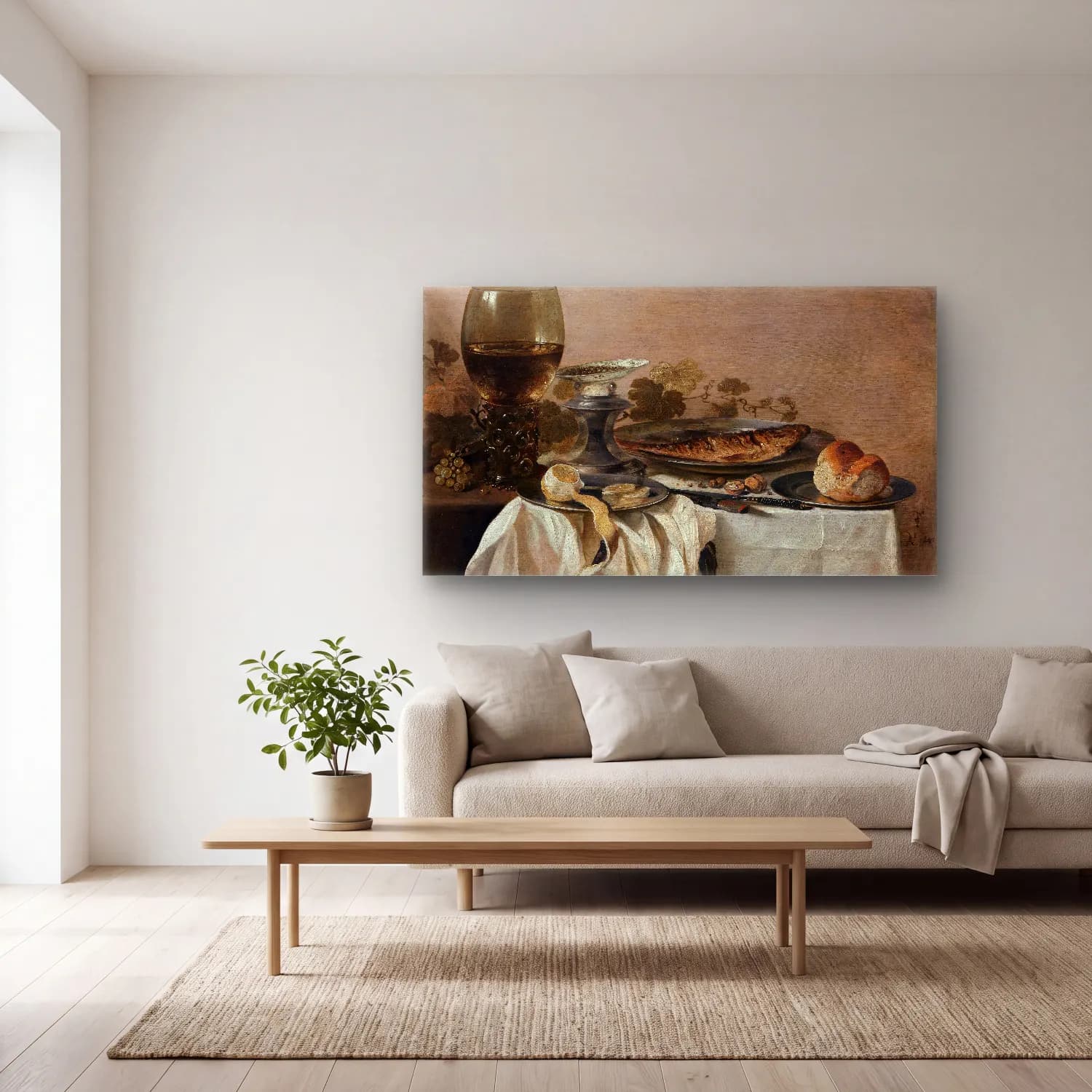 Pieter Claesz – Still Life with a Fish cam tablo — açık renk salonda