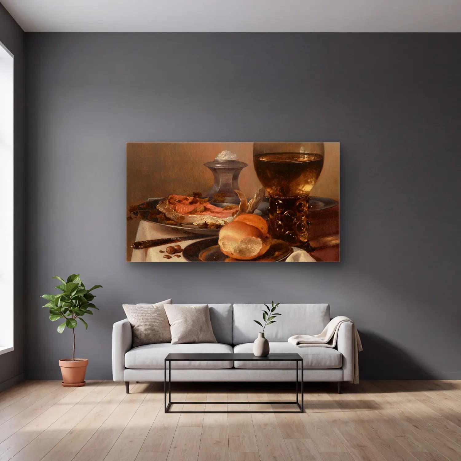Pieter Claesz – Still Life with a Salt cam tablo — gri duvarlı salonda