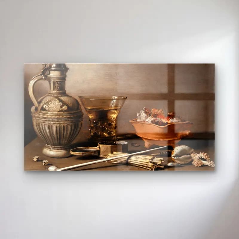 Pieter Claesz – Still Life with a Stoneware Jug, Berkemeyer, and Smoking… cam tablo — Pieter Claesz – Still Life with a Stoneware Jug, Berkemeyer, and Smoking… — yağlı boya vazo