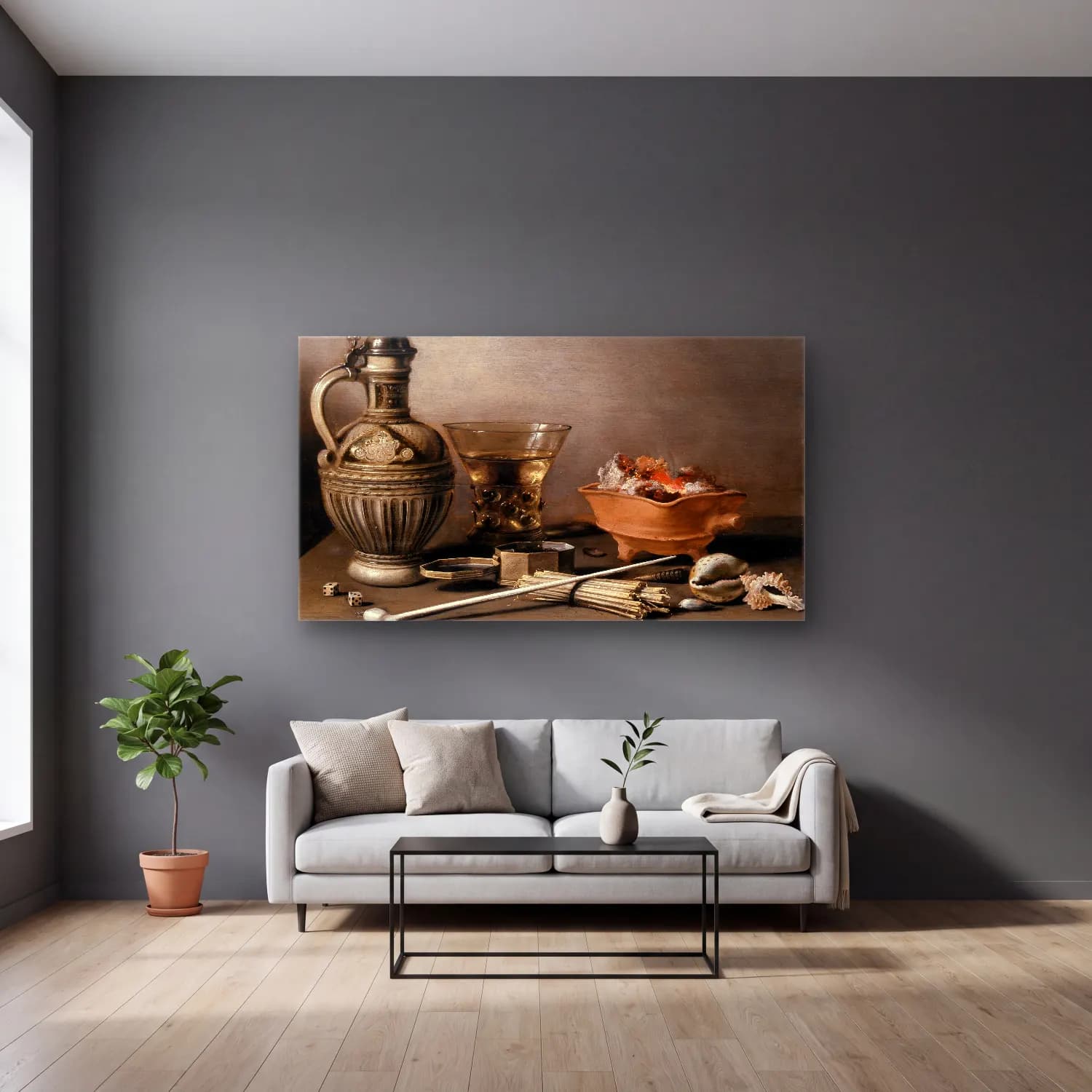 Pieter Claesz – Still Life with a Stoneware Jug, Berkemeyer, and Smoking… cam tablo — gri duvarlı salonda