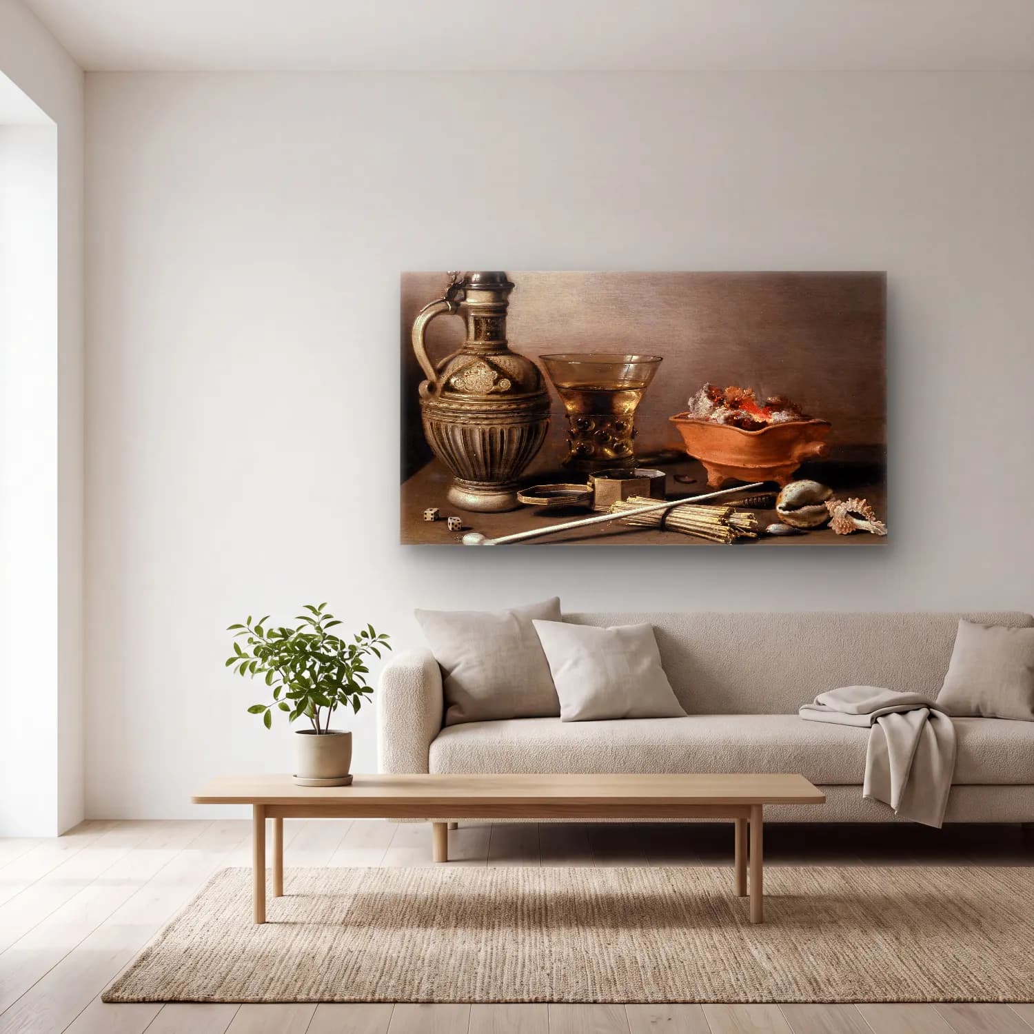 Pieter Claesz – Still Life with a Stoneware Jug, Berkemeyer, and Smoking… cam tablo — açık renk salonda