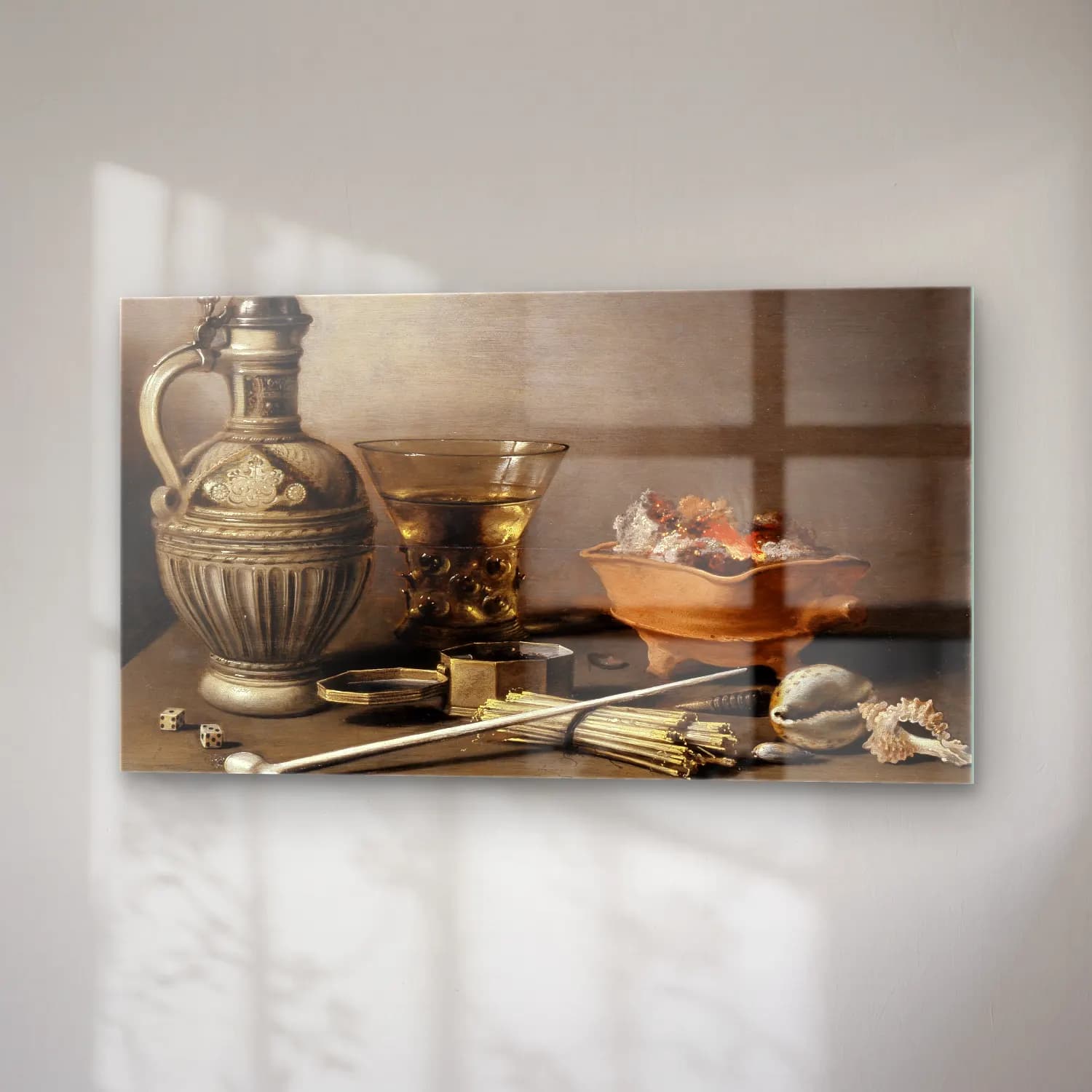Pieter Claesz – Still Life with a Stoneware Jug, Berkemeyer, and Smoking… cam tablo — sağ açıdan görünüm