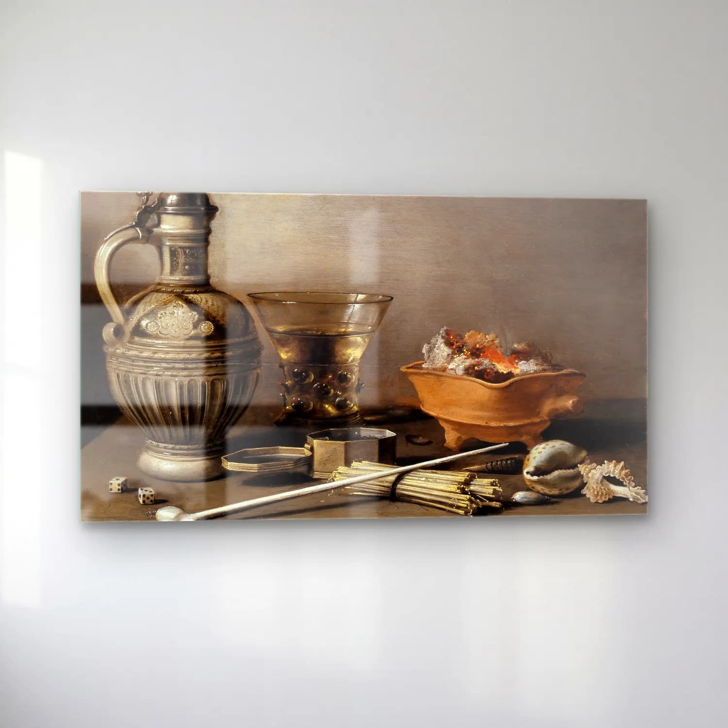 Pieter Claesz – Still Life with a Stoneware Jug, Berkemeyer, and Smoking… cam tablo — sol açıdan görünüm