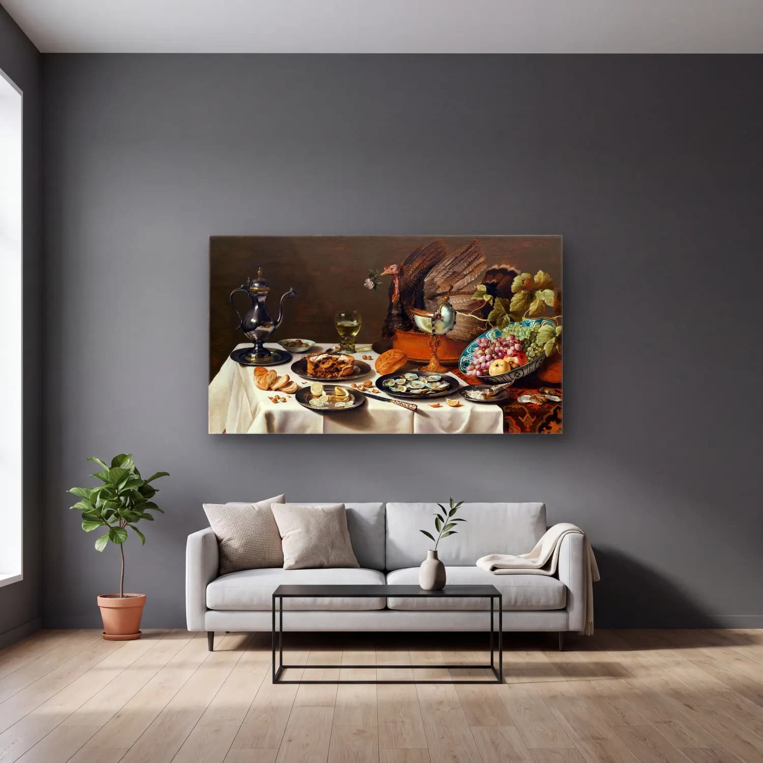 Pieter Claesz – Still Life with a Turkey Pie cam tablo — gri duvarlı salonda