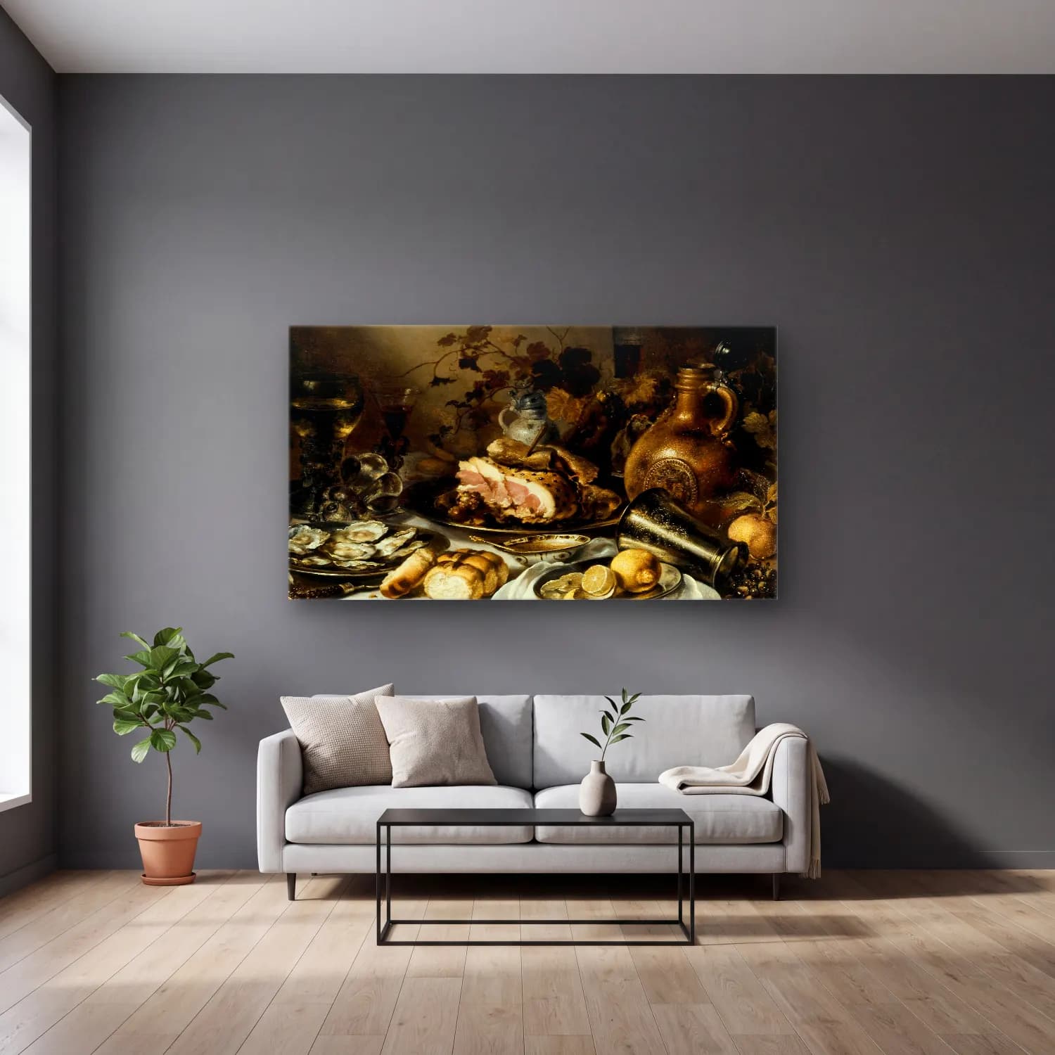 Pieter Claesz – Still life with ham cam tablo — gri duvarlı salonda