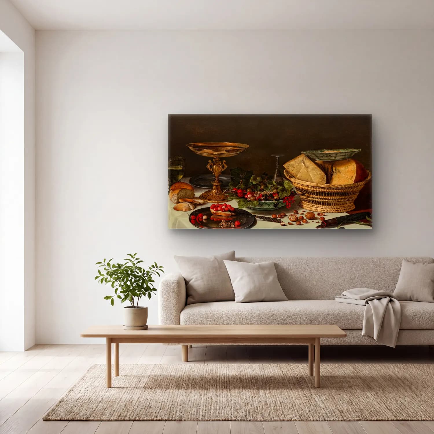 Pieter Claesz – Strawberries, currants and bread on a pewter platter cam tablo — açık renk salonda