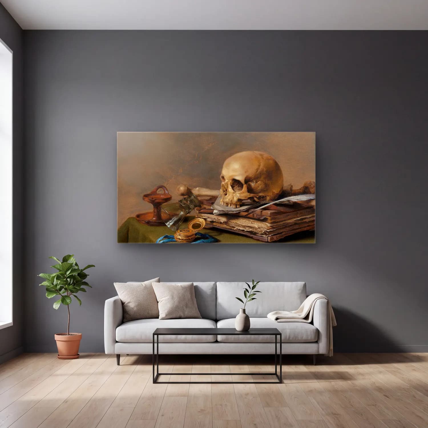 Pieter Claesz – Vanitas Still Life cam tablo — gri duvarlı salonda