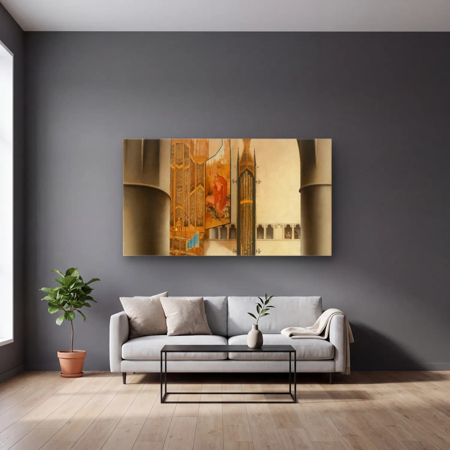 Pieter Jansz Saenredam – Interior of the Church of St Bavo in Haarlem cam tablo — gri duvarlı salonda