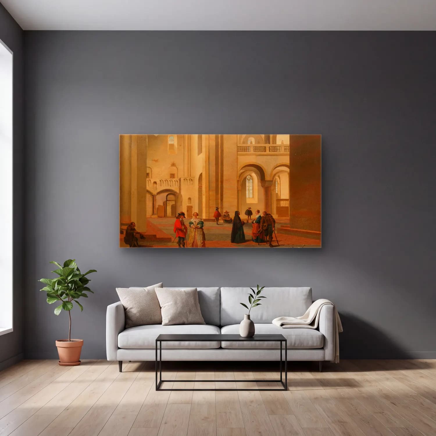Pieter Jansz Saenredam – The Transept of the Mariakerk in Utrecht, seen from the… cam tablo — gri duvarlı salonda