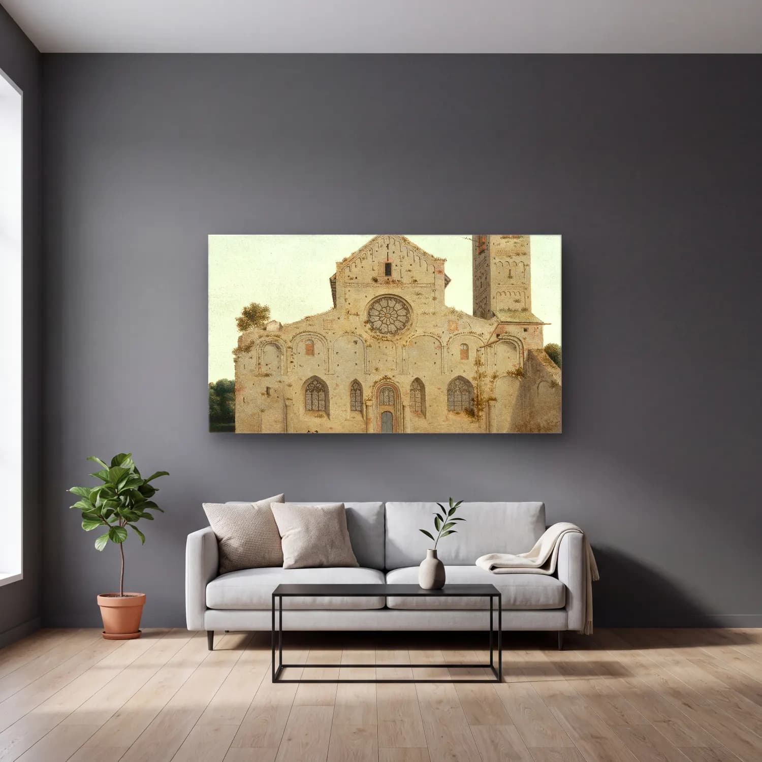 Pieter Jansz Saenredam – The West Façade of the Church of Saint Mary in Utrecht cam tablo — gri duvarlı salonda