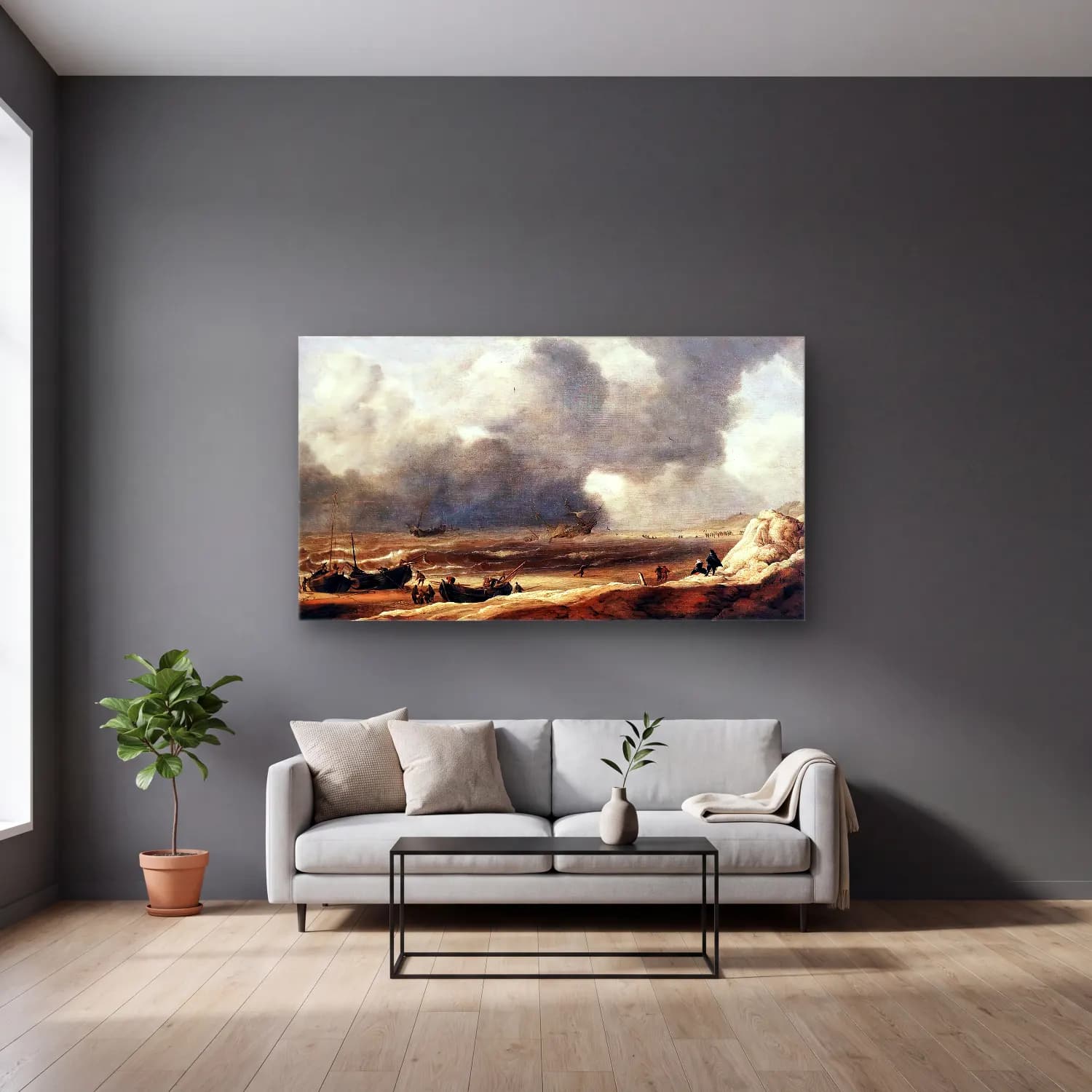 Jan Porcellis – Shipwreck on a Beach cam tablo — gri duvarlı salonda