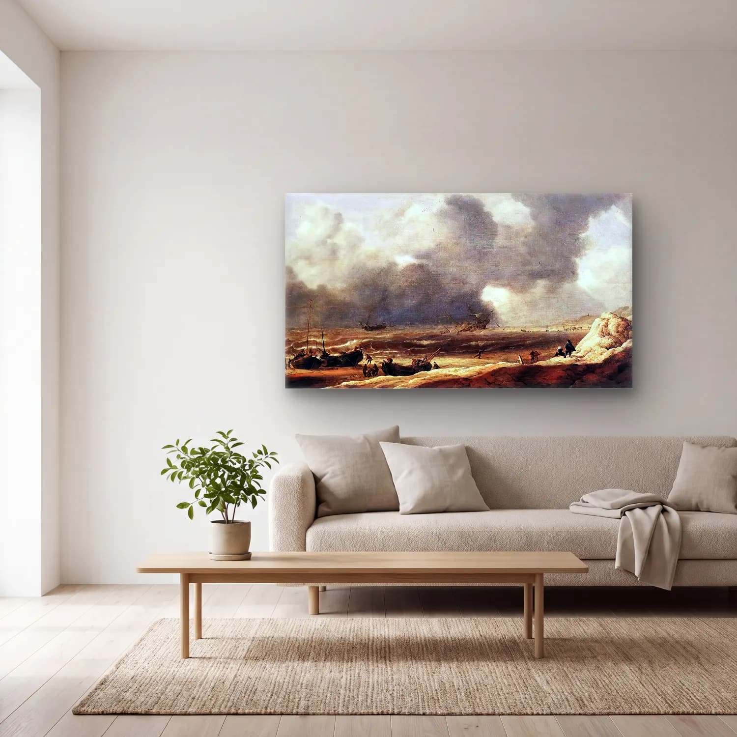 Jan Porcellis – Shipwreck on a Beach cam tablo — açık renk salonda