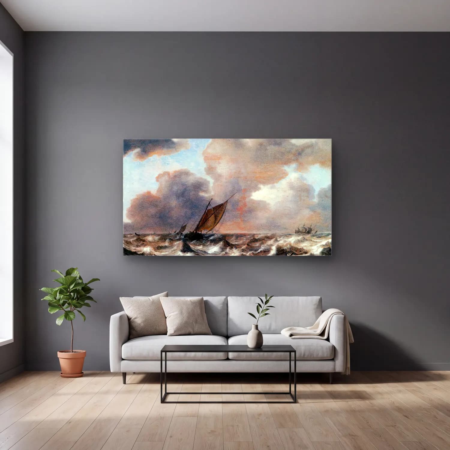 Jan Porcellis – Vessels in a Strong Wind cam tablo — gri duvarlı salonda
