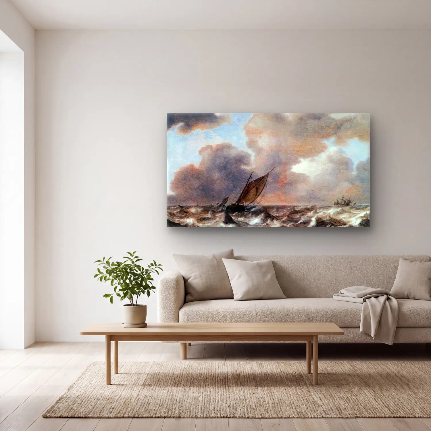 Jan Porcellis – Vessels in a Strong Wind cam tablo — açık renk salonda