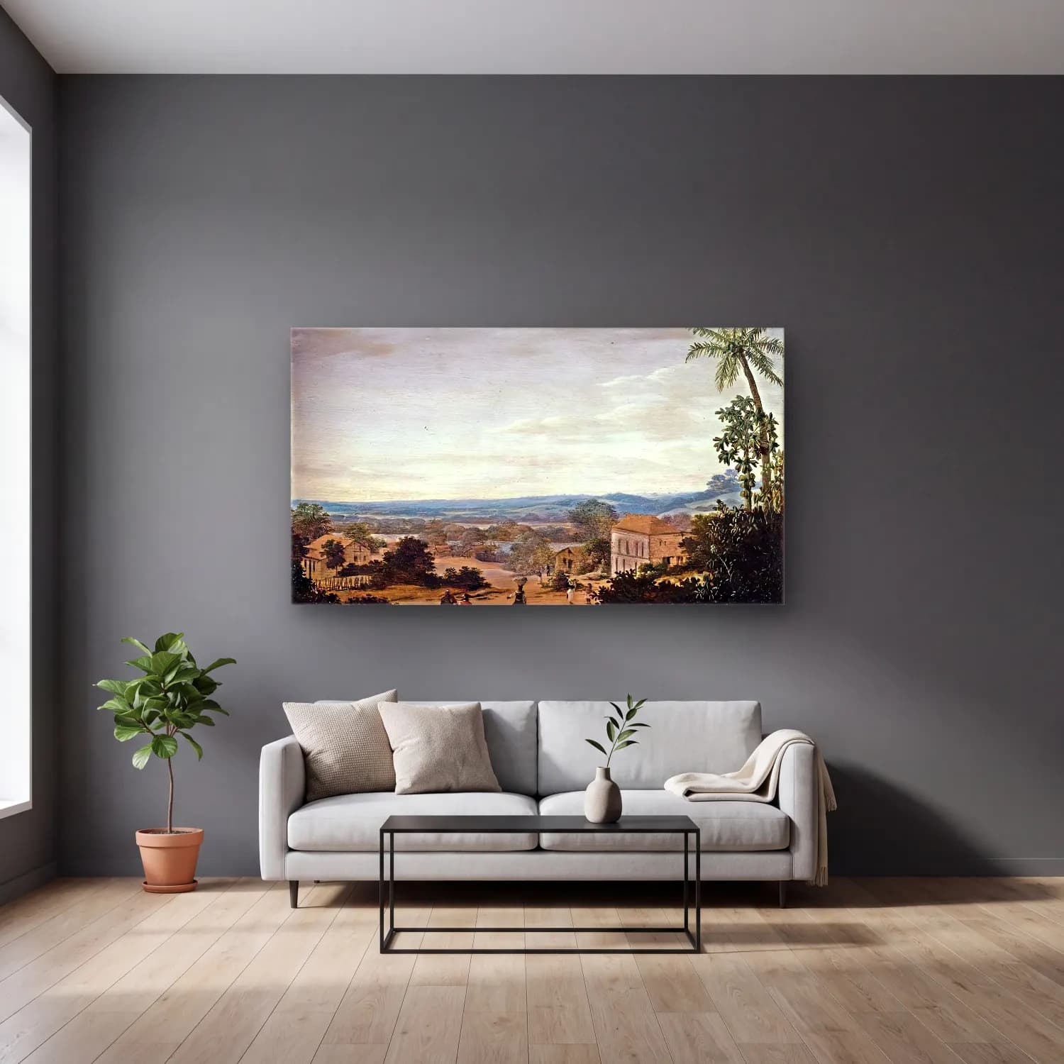 Frans Post – A Brazilian Landscape cam tablo — gri duvarlı salonda