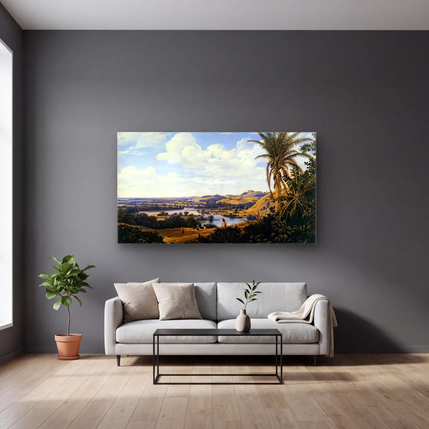 Frans Post – Brazilian Landscape with Anteater cam tablo — gri duvarlı salonda