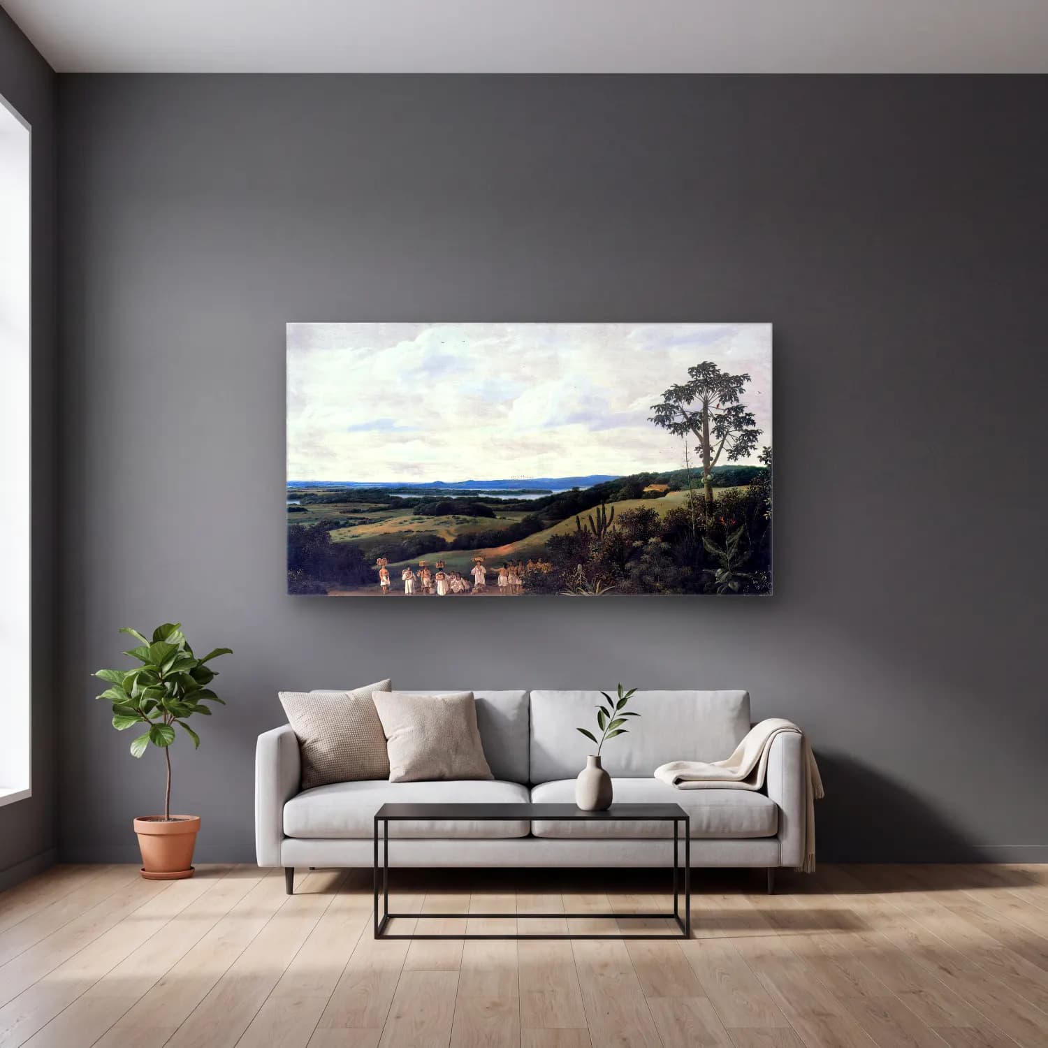 Frans Post – Brazilian Landscape cam tablo — gri duvarlı salonda