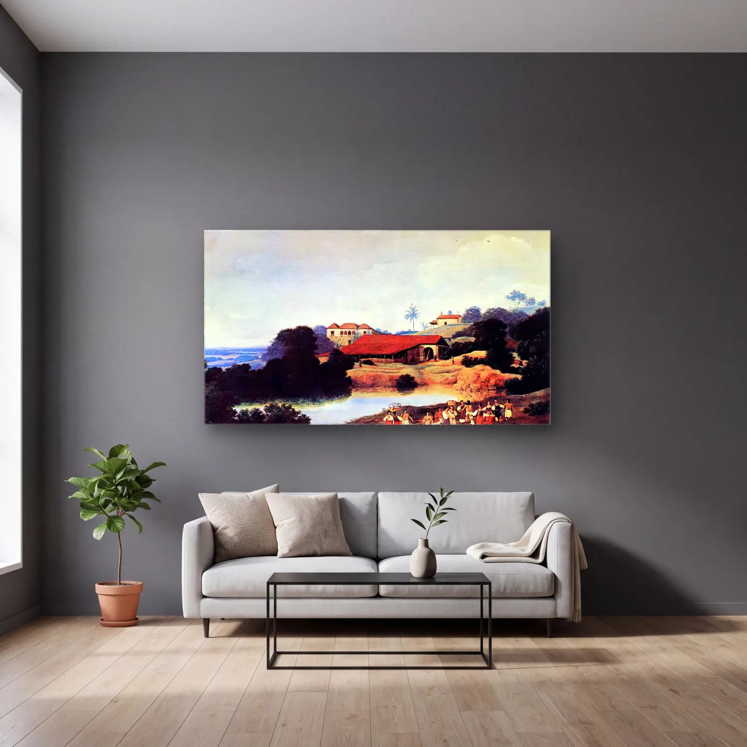 Frans Post – Hacienda cam tablo — gri duvarlı salonda