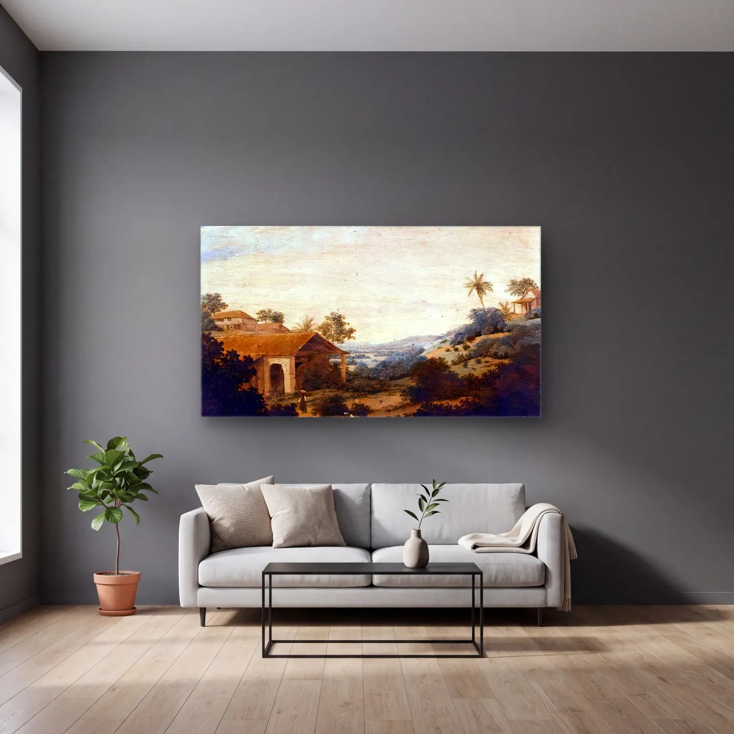 Frans Post – Landscape in Brazil cam tablo — gri duvarlı salonda
