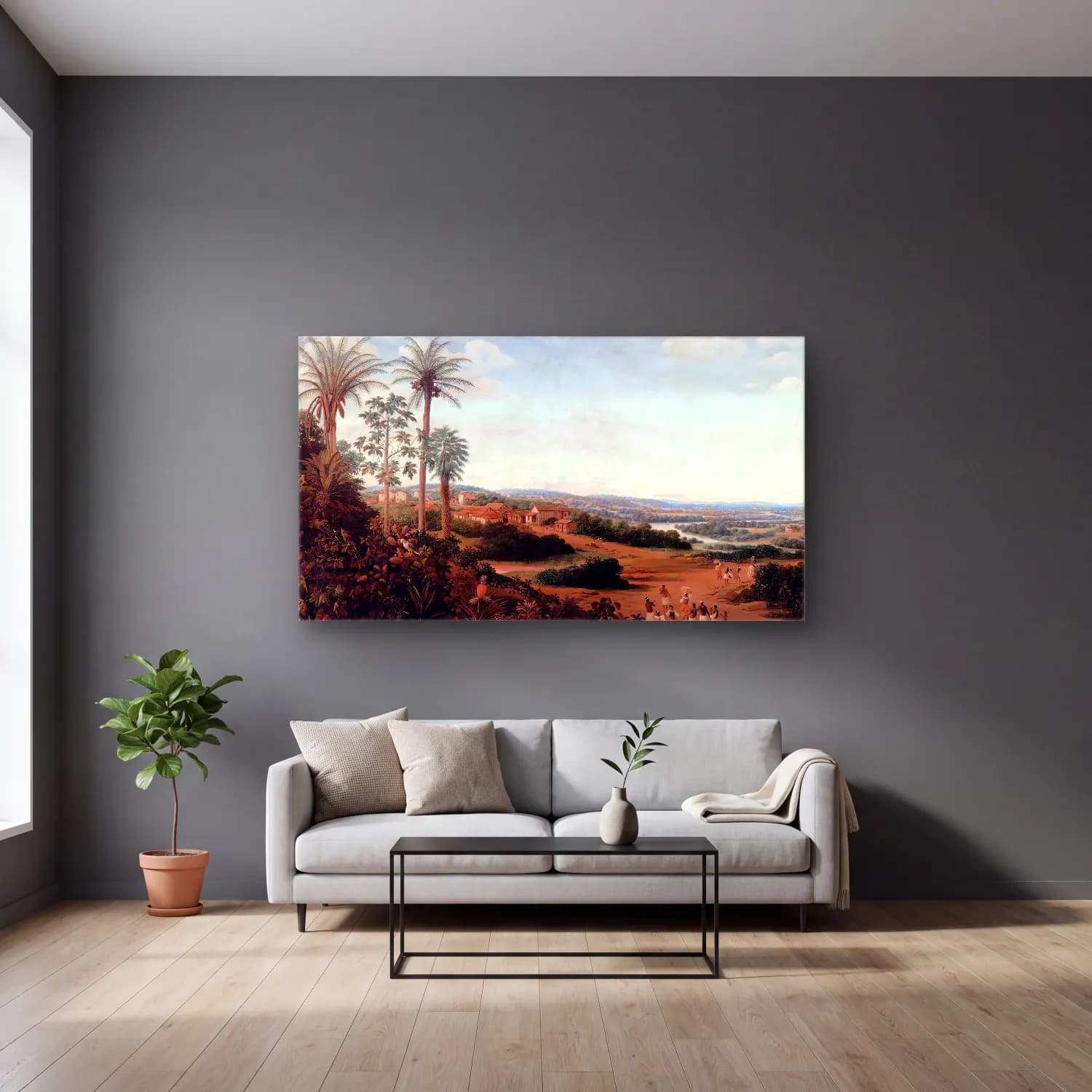 Frans Post – The Home of a Labrador in Brazil cam tablo — gri duvarlı salonda