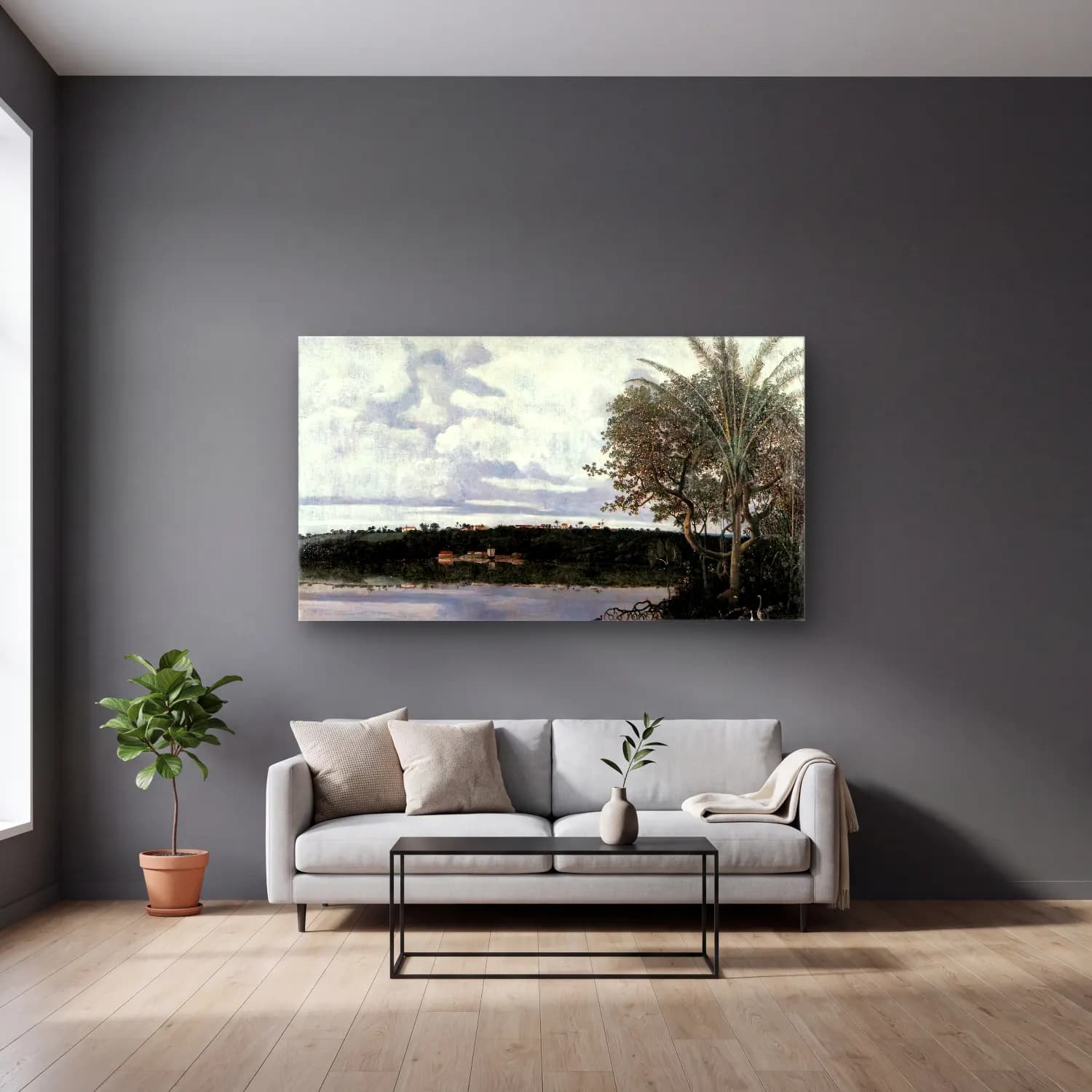 Frans Post – View of Frederiksstad in Paraiba, Brazil cam tablo — gri duvarlı salonda