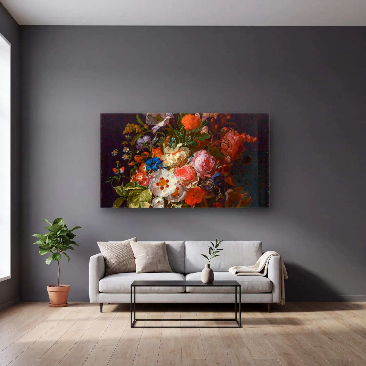Rachel Ruysch – Blumenstrauß cam tablo — gri duvarlı salonda