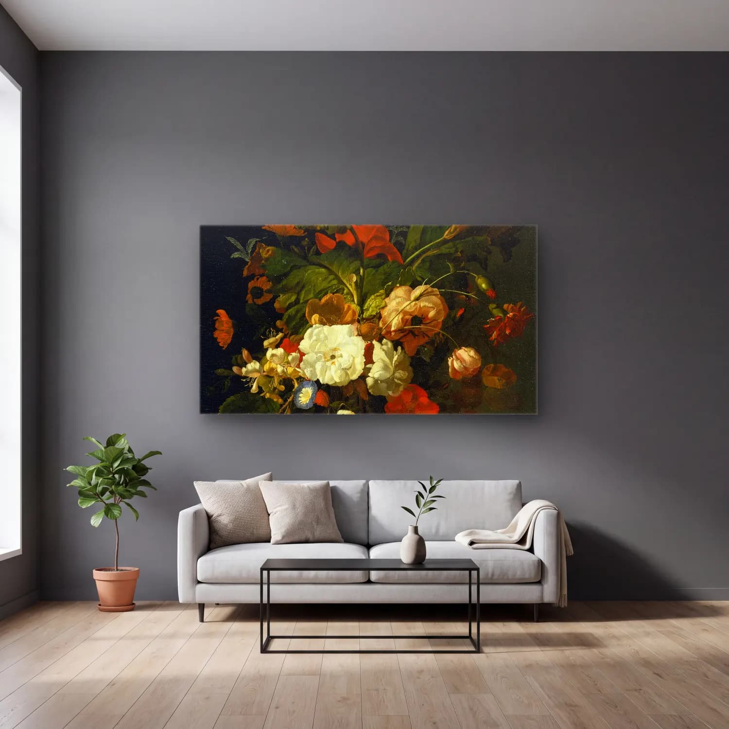 Rachel Ruysch – Still Life With Bouquet Of Flowers cam tablo — gri duvarlı salonda