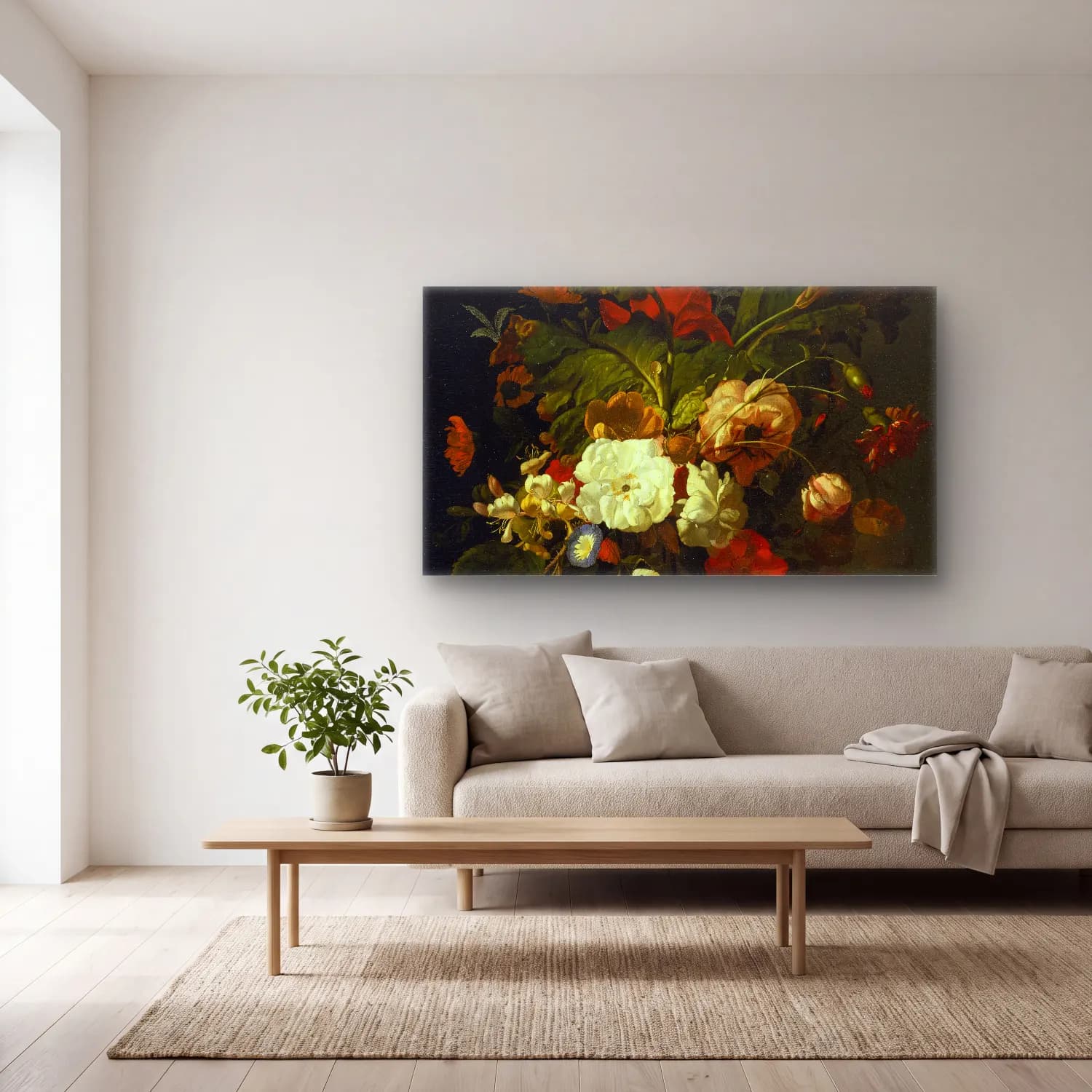 Rachel Ruysch – Still Life With Bouquet Of Flowers cam tablo — açık renk salonda
