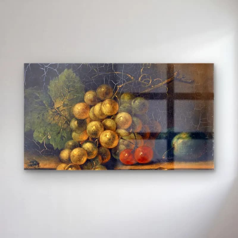 Rachel Ruysch – Still Life With Grapes, Stone Fruit And Fly cam tablo — Rachel Ruysch – Still Life With Grapes, Stone Fruit And Fly — yağlı boya meyveli natürmort