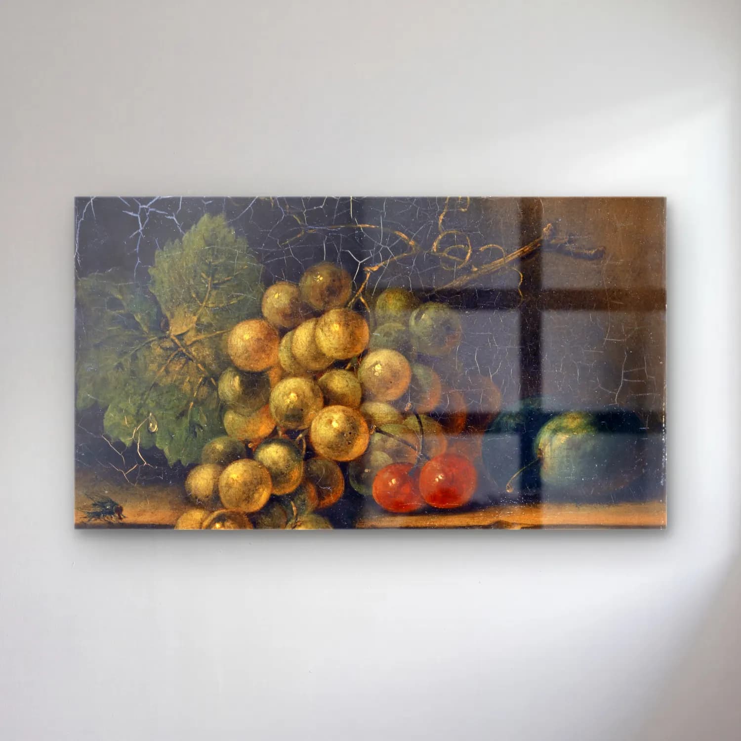 Rachel Ruysch – Still Life With Grapes, Stone Fruit And Fly cam tablo — Rachel Ruysch – Still Life With Grapes, Stone Fruit And Fly — yağlı boya meyveli natürmort