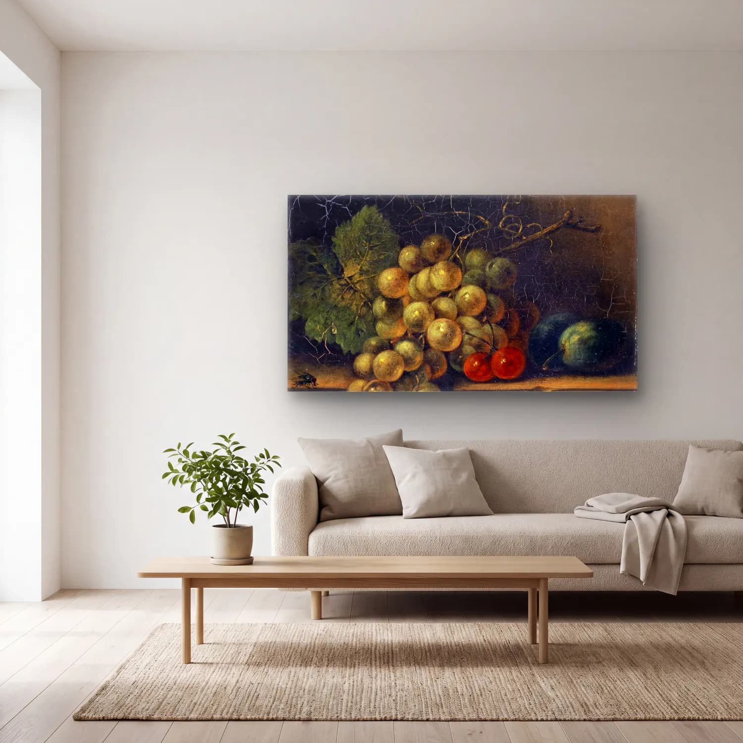 Rachel Ruysch – Still Life With Grapes, Stone Fruit And Fly cam tablo — açık renk salonda