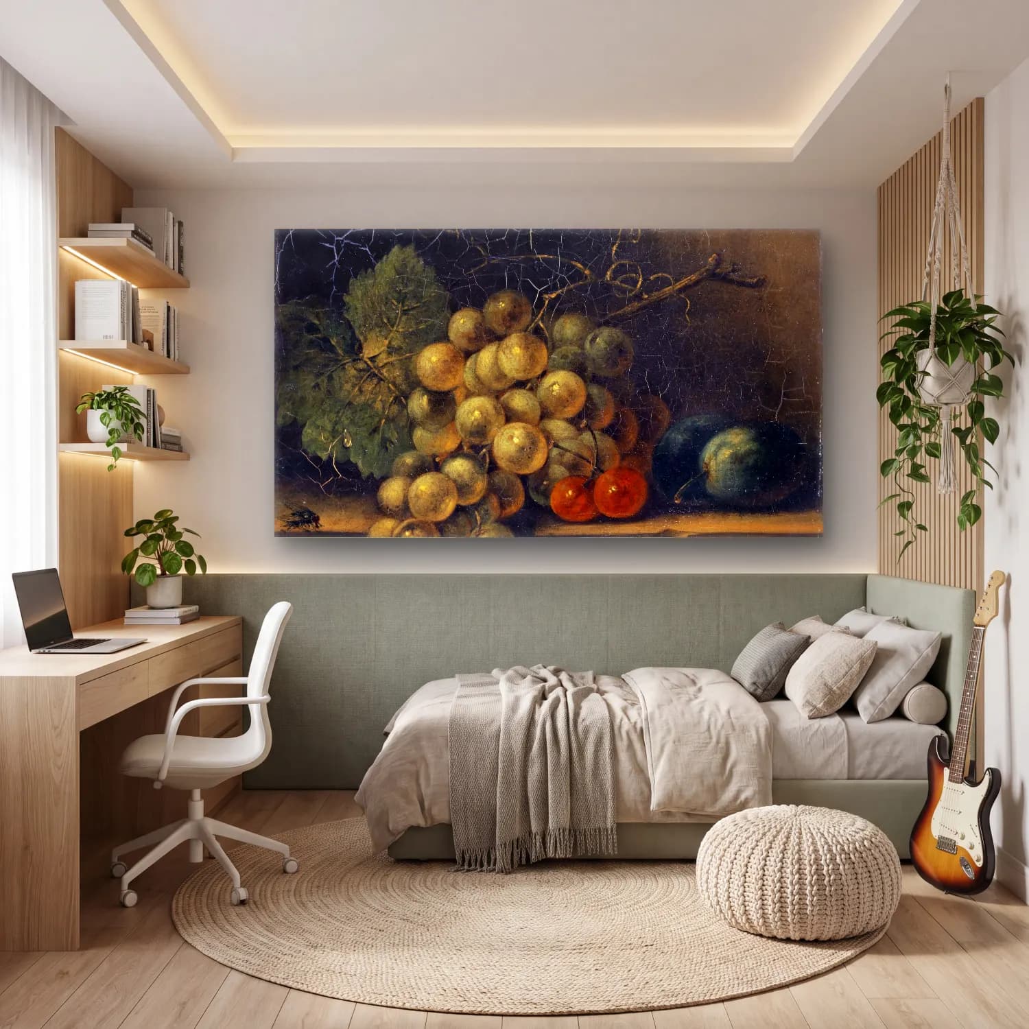 Rachel Ruysch – Still Life With Grapes, Stone Fruit And Fly cam tablo — genç odasında