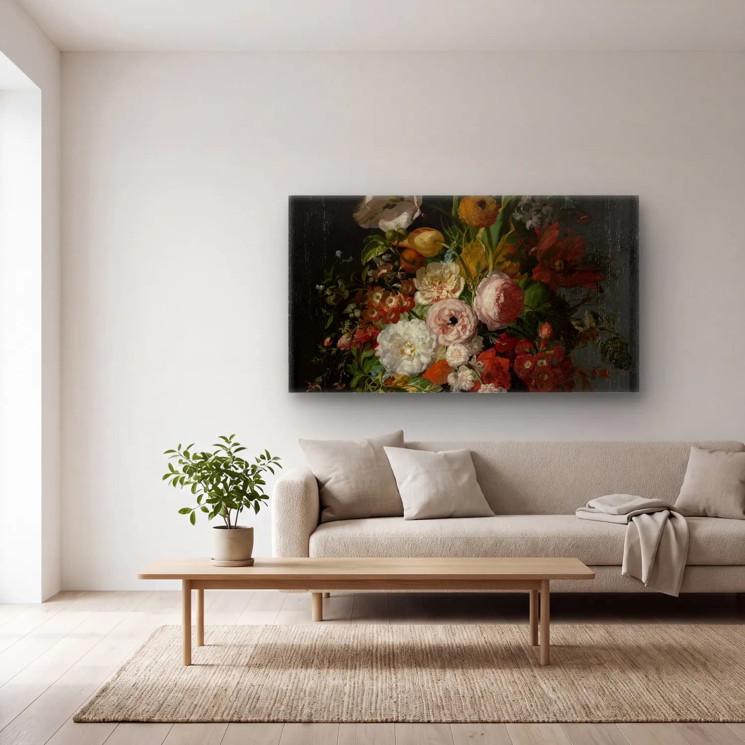 Rachel Ruysch – Still Life with Flowers in a Glass Vase cam tablo — açık renk salonda