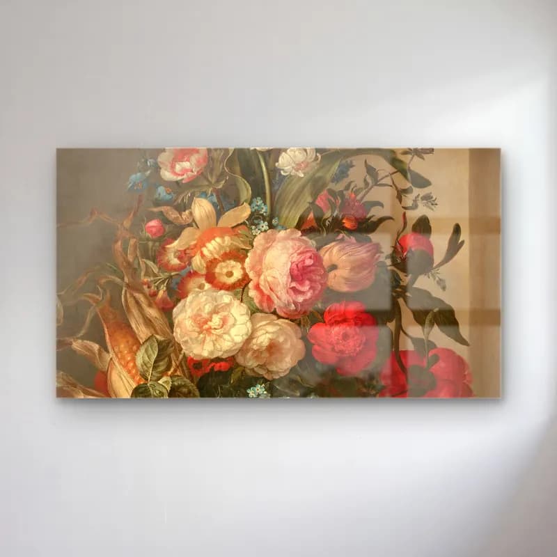 Rachel Ruysch – Vase de fleurs et épis de maïs dans une niche cam tablo — Rachel Ruysch – Vase de fleurs et épis de maïs dans une niche — botanik i̇llüstrasyon vazoda çiçek buketi