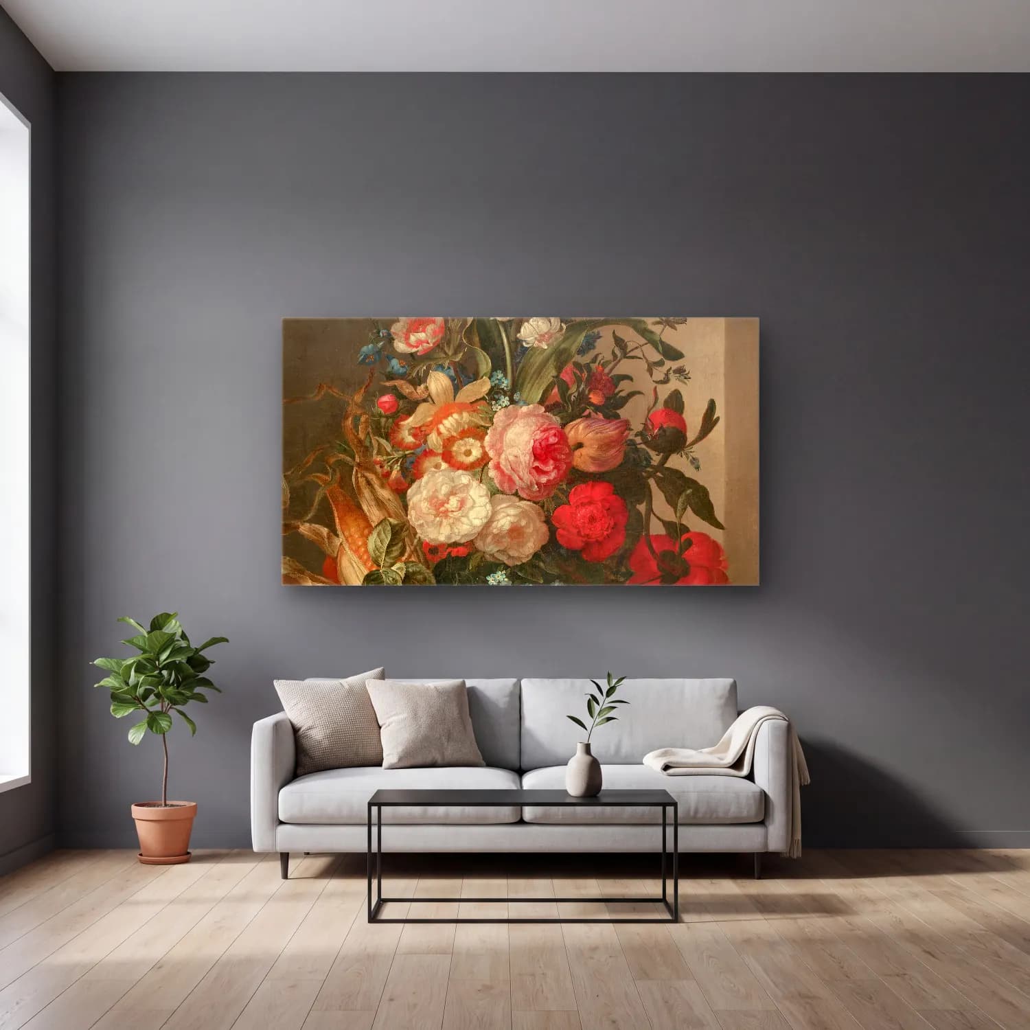 Rachel Ruysch – Vase de fleurs et épis de maïs dans une niche cam tablo — gri duvarlı salonda
