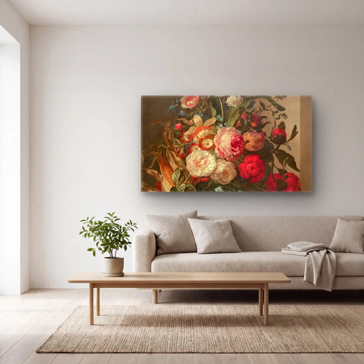 Rachel Ruysch – Vase de fleurs et épis de maïs dans une niche cam tablo — açık renk salonda