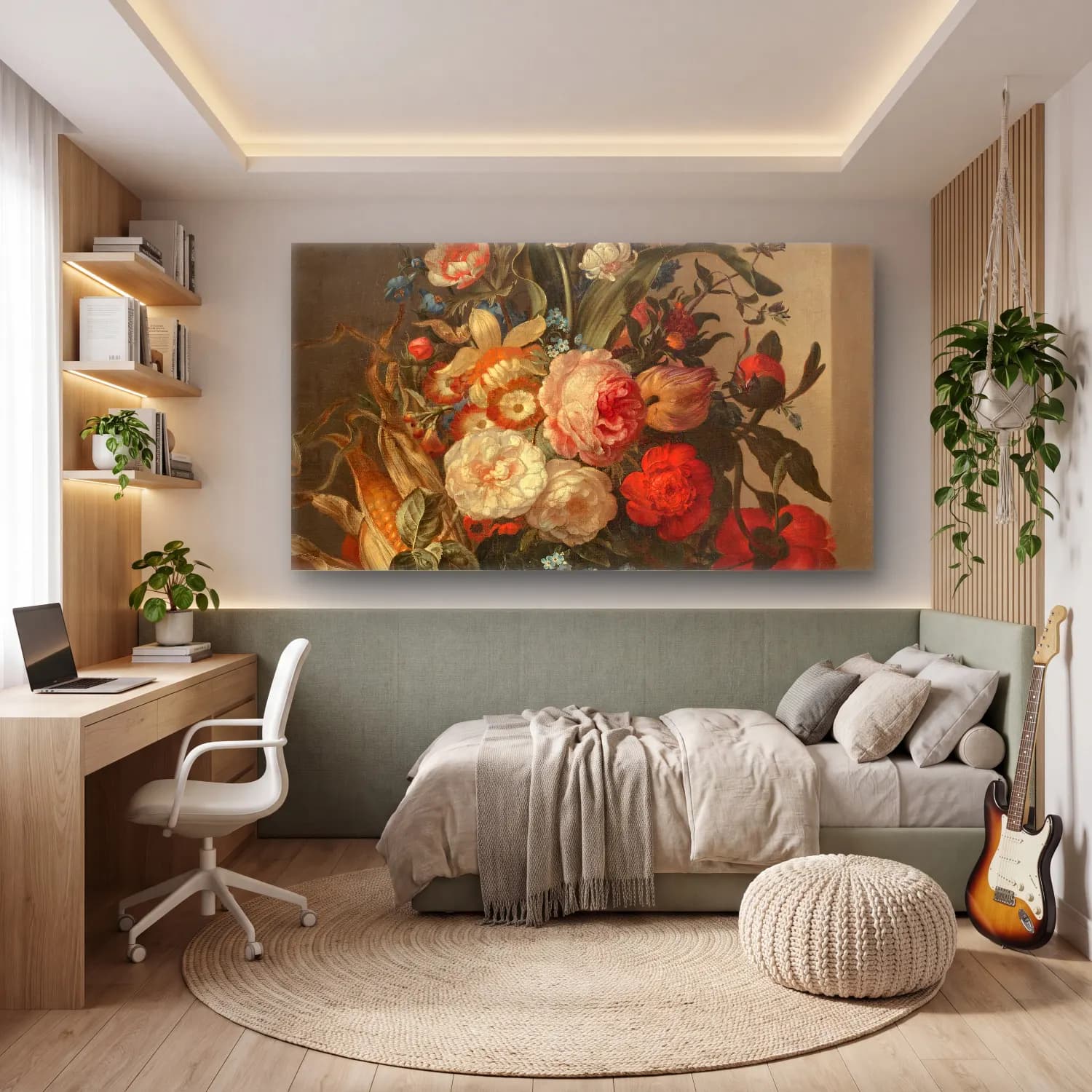 Rachel Ruysch – Vase de fleurs et épis de maïs dans une niche cam tablo — genç odasında