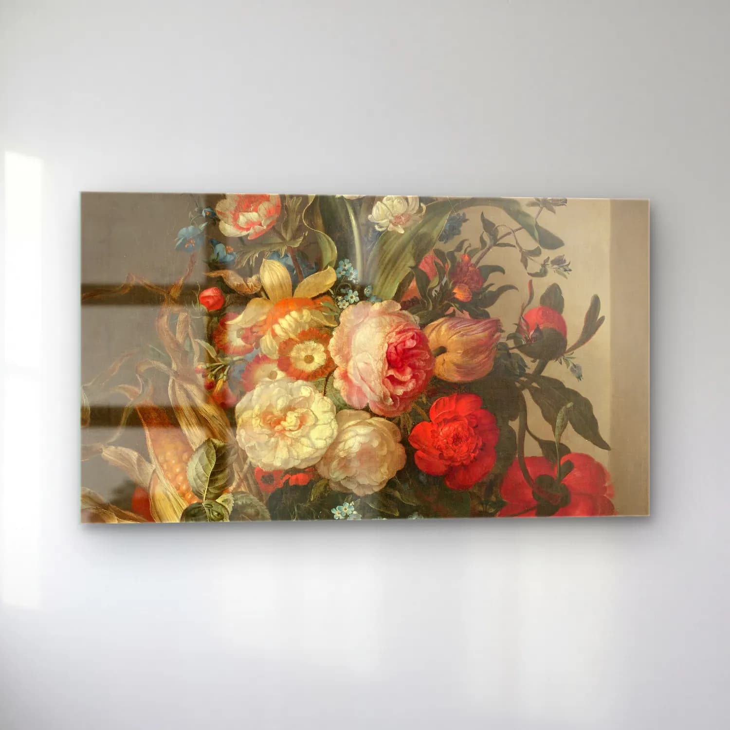 Rachel Ruysch – Vase de fleurs et épis de maïs dans une niche cam tablo — sol açıdan görünüm