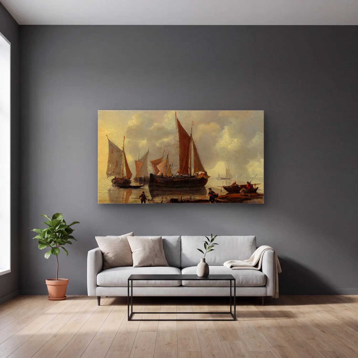 Reinier Nooms – Coast Scene (mid–17th century) cam tablo — gri duvarlı salonda