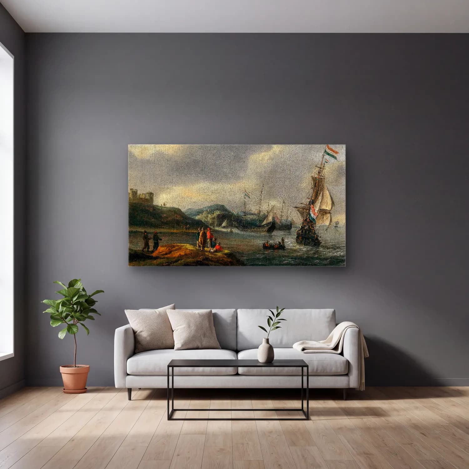 Reinier Nooms – Ships entering a harbour cam tablo — gri duvarlı salonda