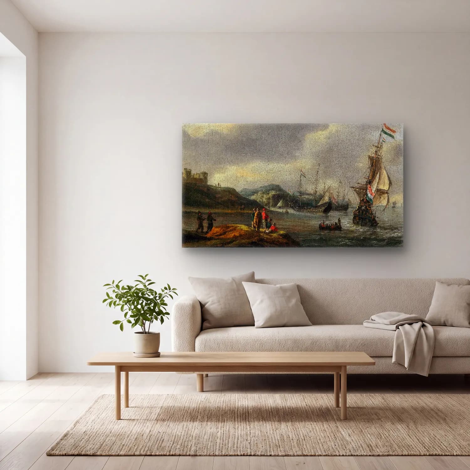 Reinier Nooms – Ships entering a harbour cam tablo — açık renk salonda