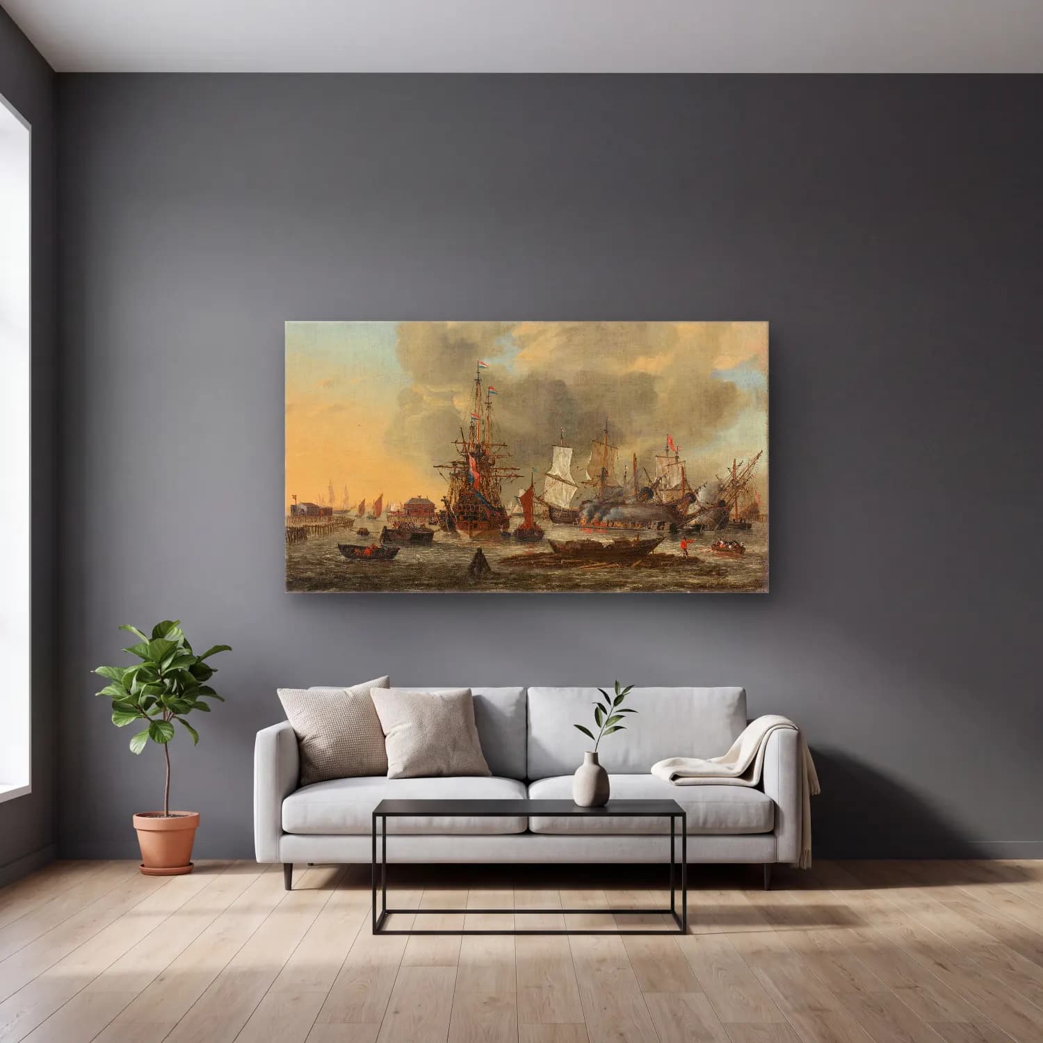 Reinier Nooms – The Caulking of Ships at the Bothuisje on Het IJ in… cam tablo — gri duvarlı salonda