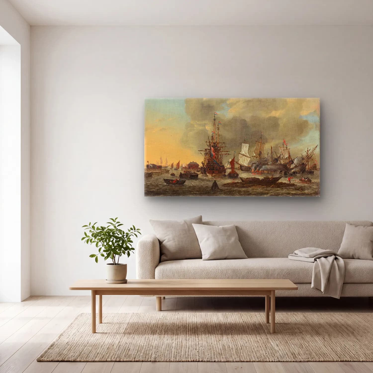 Reinier Nooms – The Caulking of Ships at the Bothuisje on Het IJ in… cam tablo — açık renk salonda