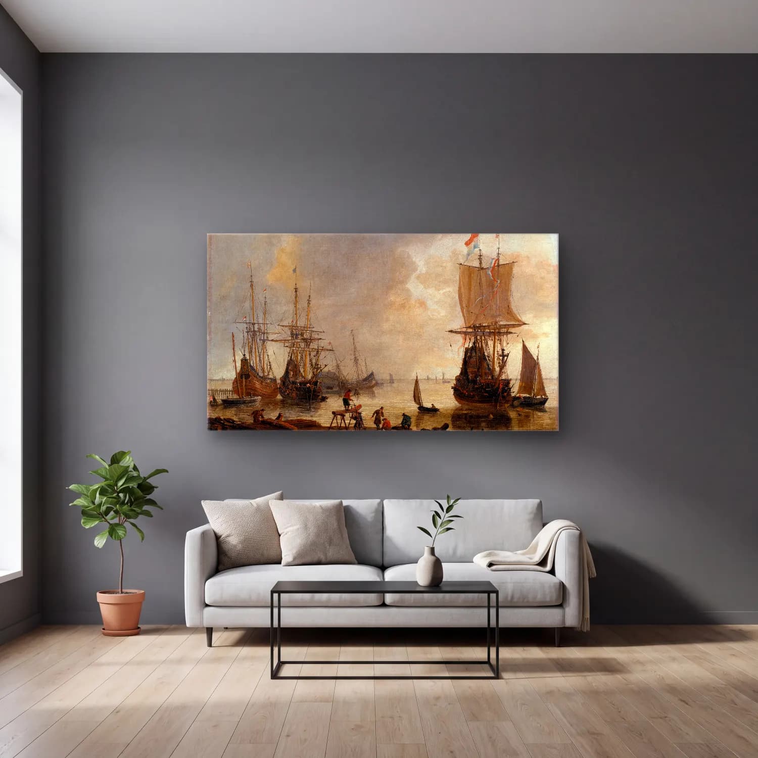 Reinier Nooms – The Ship-yard in Amsterdam cam tablo — gri duvarlı salonda