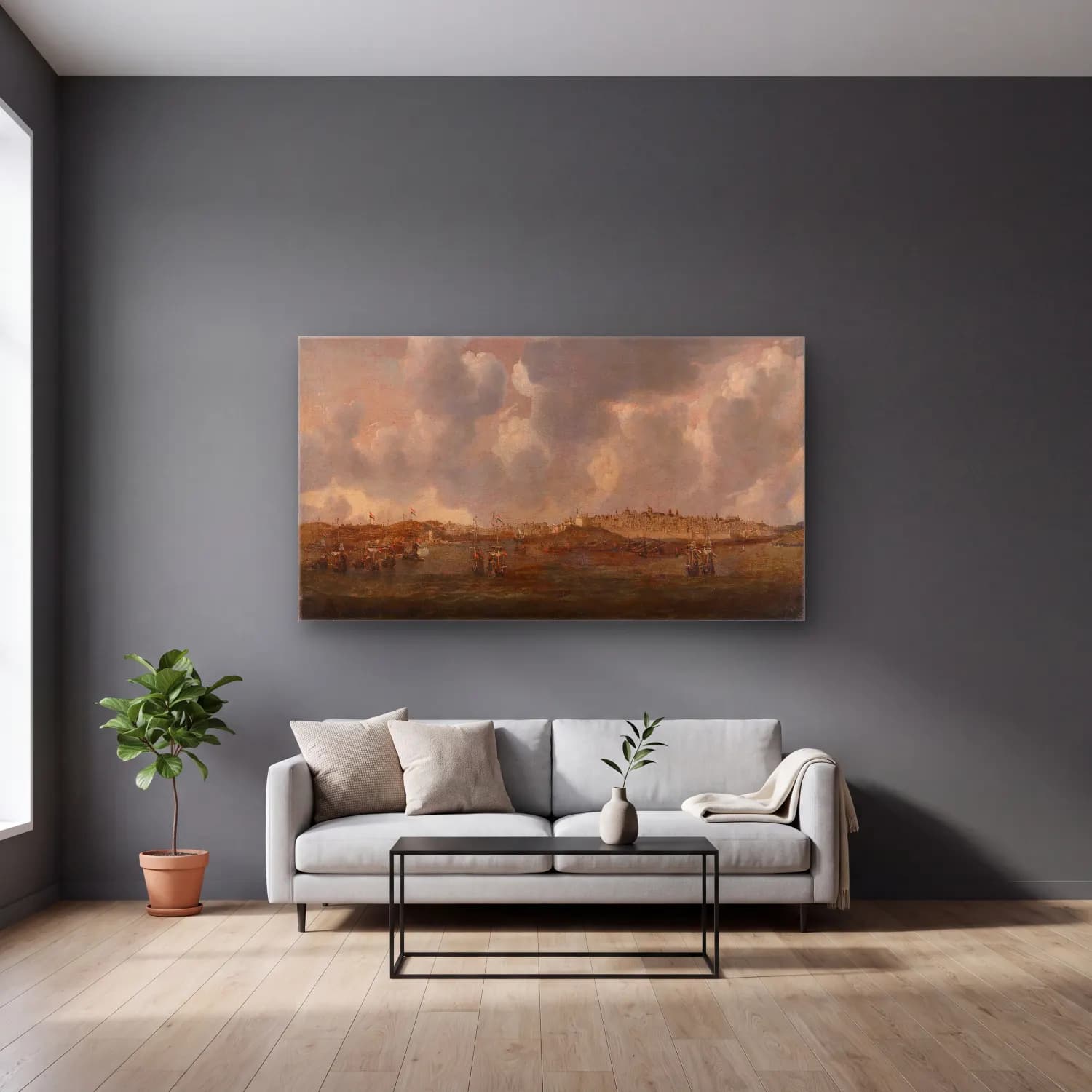 Reinier Nooms – View of Salee, Morocco cam tablo — gri duvarlı salonda