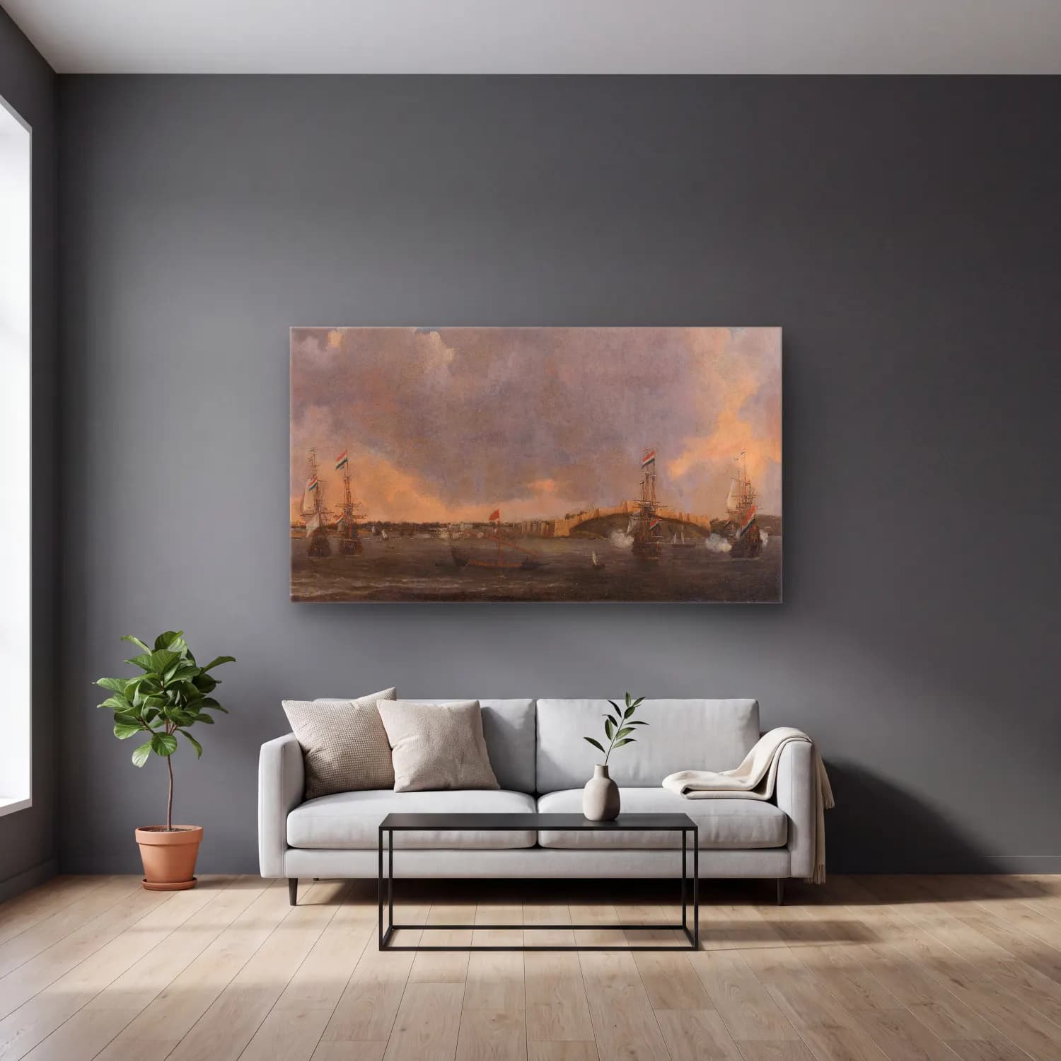 Reinier Nooms – View of Tripoli cam tablo — gri duvarlı salonda