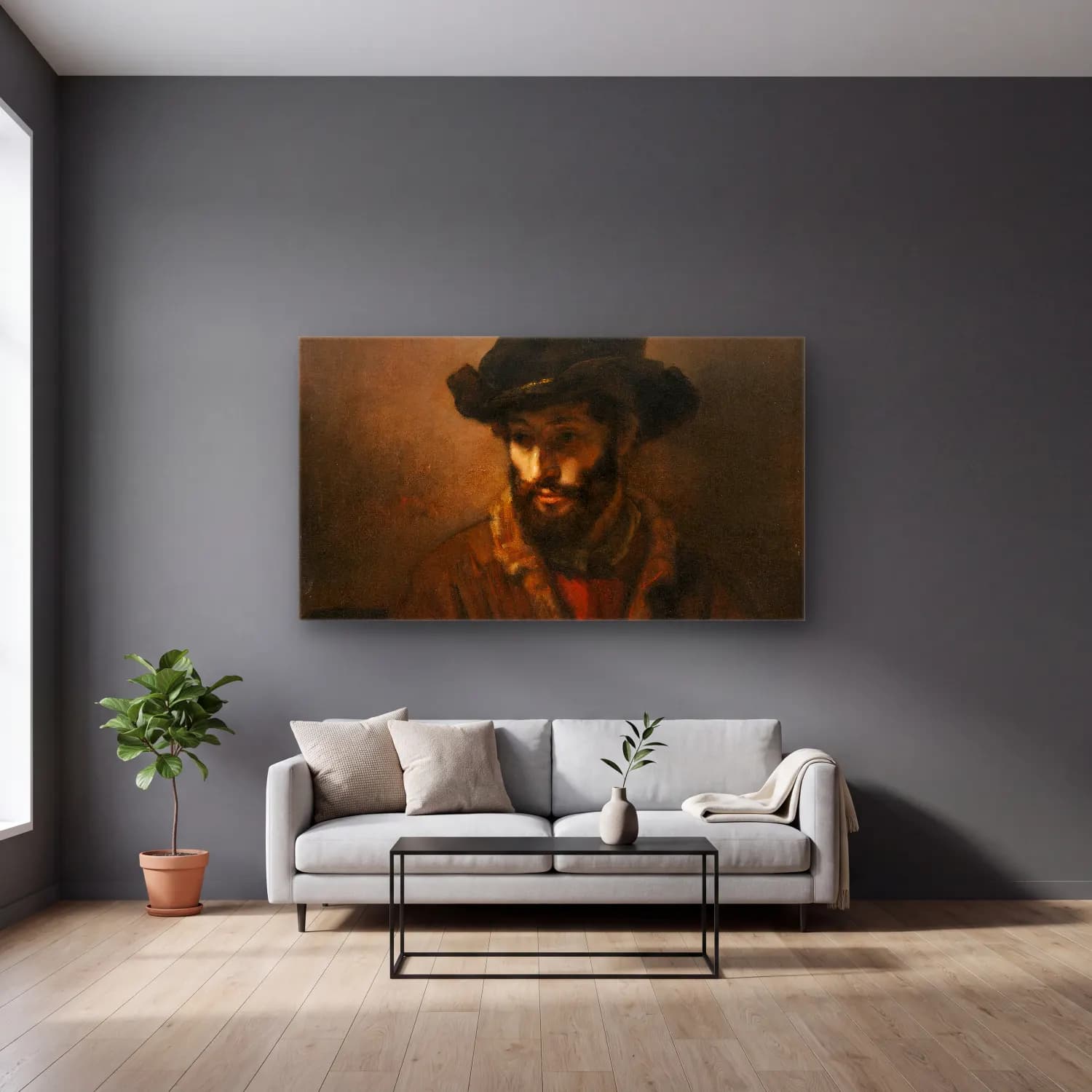 Rembrandt van Rijn – A Bearded Man Wearing a Hat cam tablo — gri duvarlı salonda