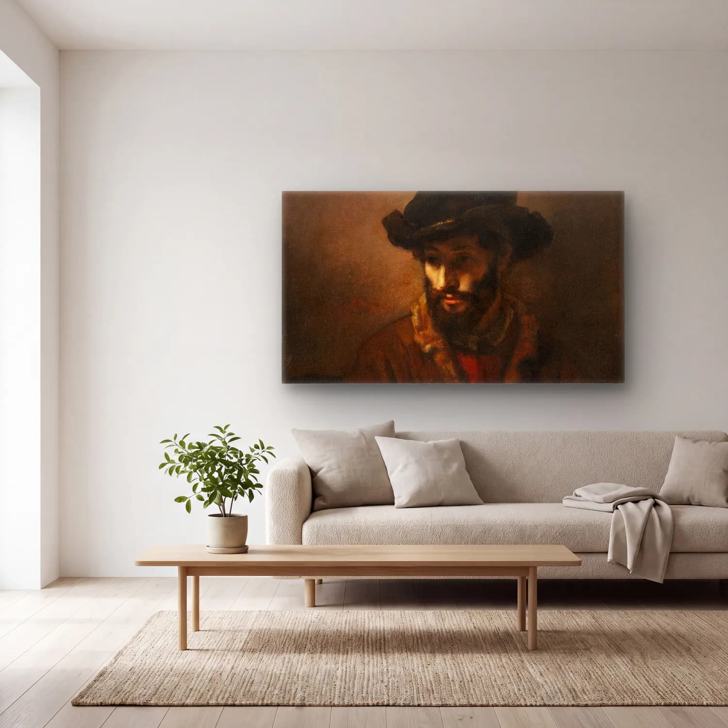 Rembrandt van Rijn – A Bearded Man Wearing a Hat cam tablo — açık renk salonda