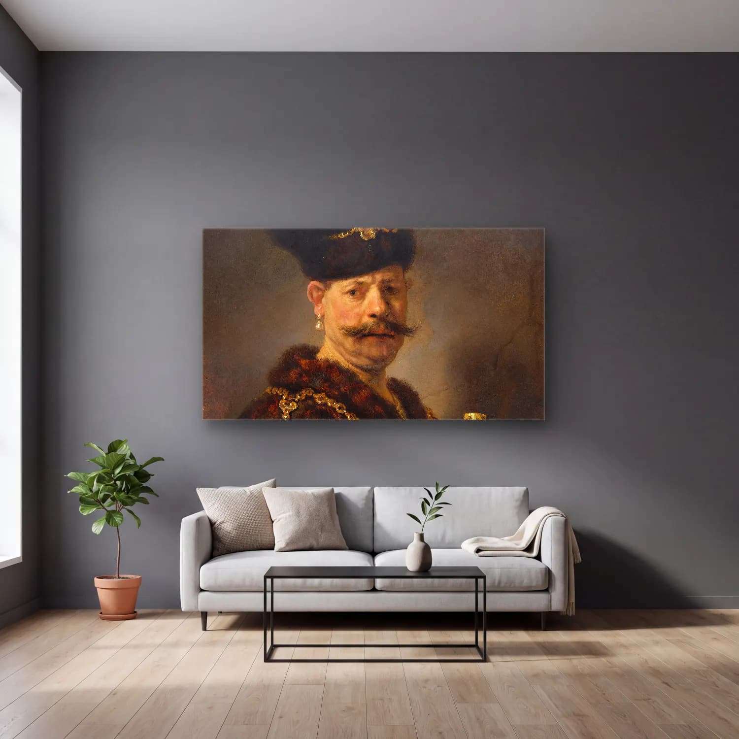 Rembrandt van Rijn – A Girl with a Broom cam tablo — gri duvarlı salonda